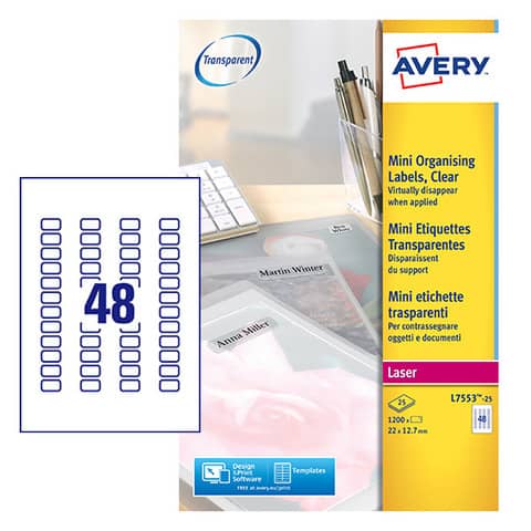 Etichette poliestere trasparenti lucide AVERY QuickPEEL™ 22x12,7 mm - 48 et/foglio - laser conf. 25 ff L7553-25